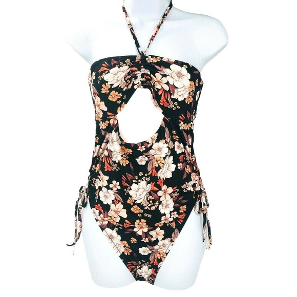 Shade N Shore Black Floral Convertible Open Back One Piece Swimsuit Size Medium - Picture 4 of 10